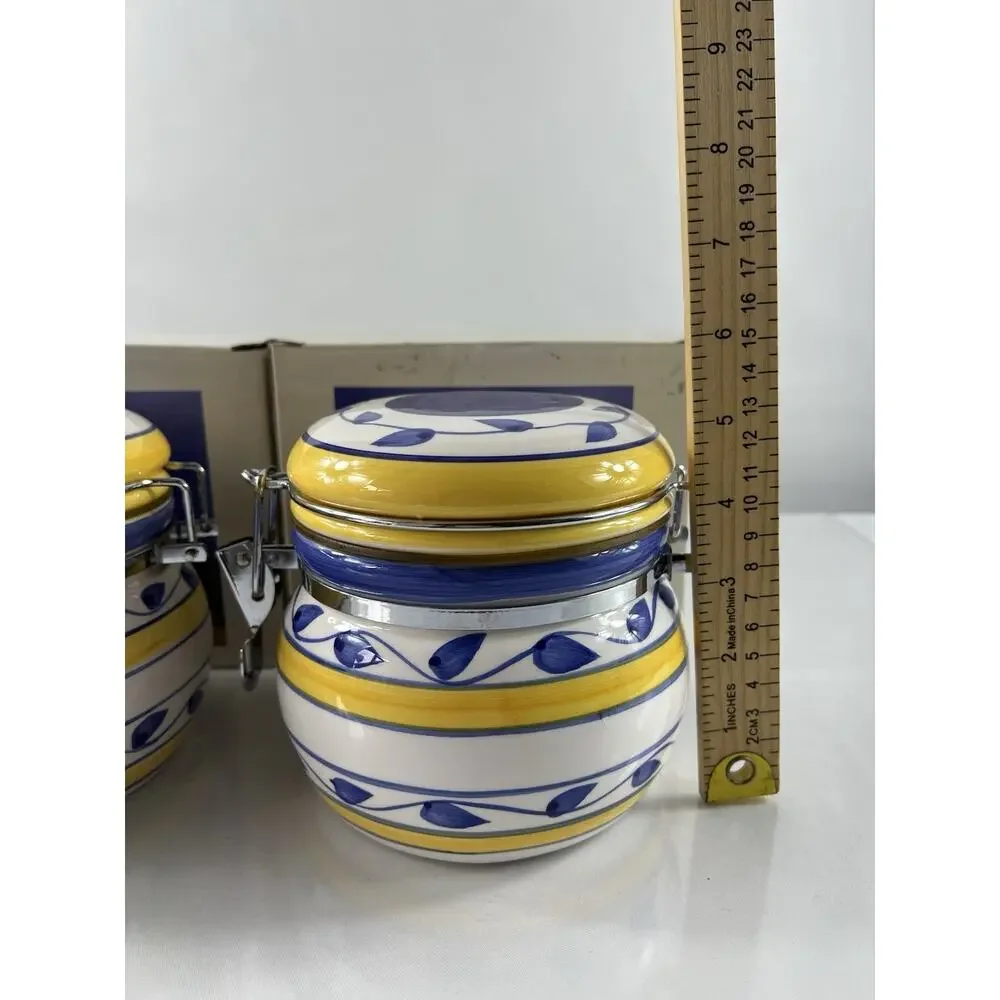 Set of 2 Hand Painted Ceramic Canisters with Clamp Lids 6.5” Blue Yellow